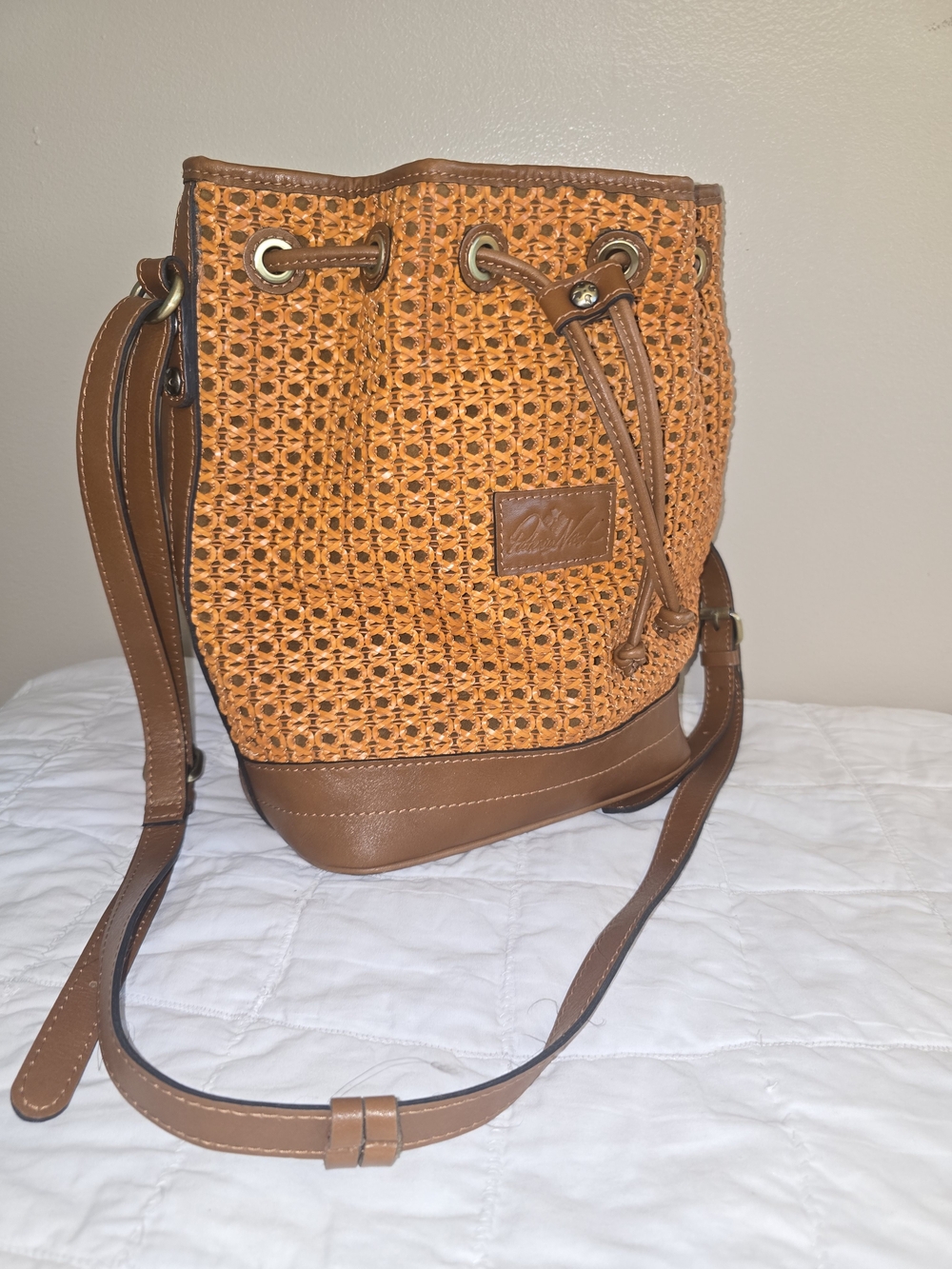 Patricia Nash Orange Woven Leather-Trim Drawstring Crossbody
